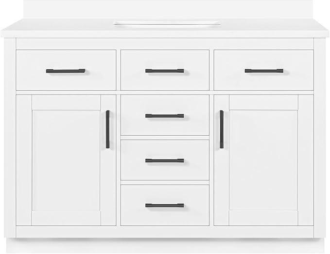 OVE Decors Bailey 48 in. Single Sink Freestanding White Bathroom Vanity with White Quartz Top, Matching Backsplash, Power Bar and Matte Black Hardware