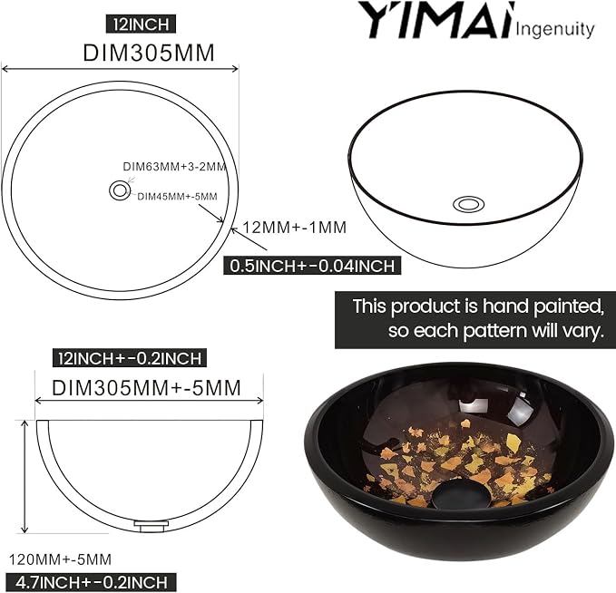 Vessel Sink 12" Bathroom Sinks Tempered Glass Brown Art Basin Round Bowl with Faucet Combo, Brown
