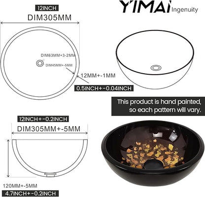 Vessel Sink 12" Bathroom Sinks Tempered Glass Brown Art Basin Round Bowl with Faucet Combo, Brown