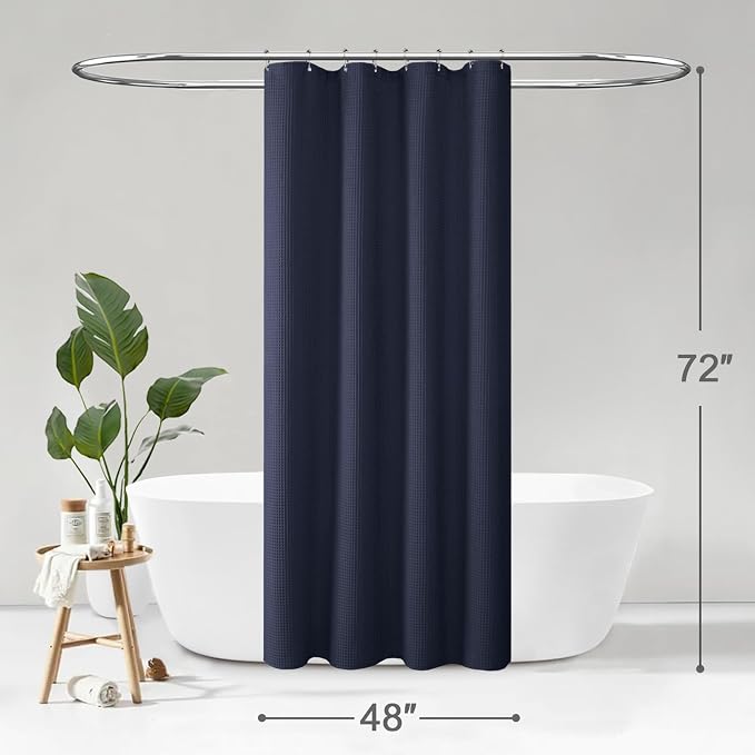 Stall Waffle Shower Curtain - Navy Blue Cotton Fabric Texture Heavyweight Shower Curtains for Narrow Bathroom,Washable,48Wx72L