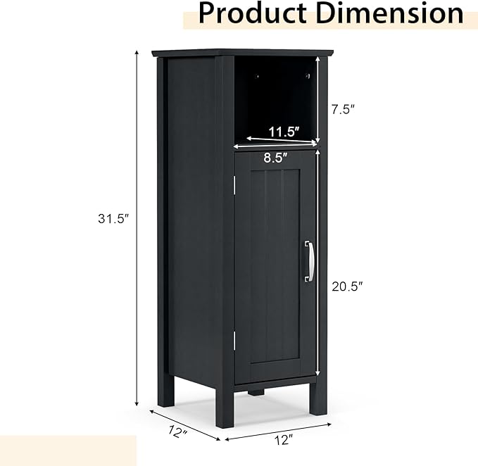 Tangkula Bathroom Floor Storage Cabinet With Anti-Tipping Device, 3-Height Adjustable Shelf, Wood Freestanding Side Cabinet for Home Office, 12 x 12 x 31.5 Inches (Black)