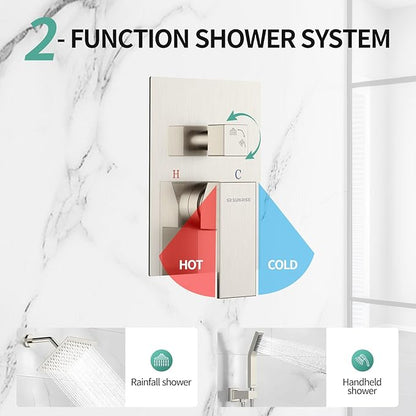 SR SUN RISE Shower Faucet Set - Shower Valve with 8 Inch Rainfall Shower Head and Handheld Shower - Wall Mounted Shower System with Rough In Valve and Shower Faucet Trim Repair Kits - Brushed Nickel