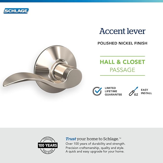 SCHLAGE Accent Lever Hall and Closet Lock in Polished Nickel - F10 ACC 618