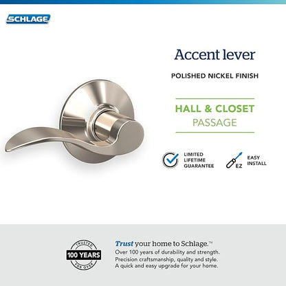 SCHLAGE Accent Lever Hall and Closet Lock in Polished Nickel - F10 ACC 618