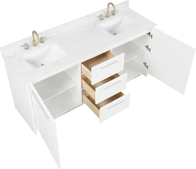 Nona 72" Solid Wood Double Sink Bathroom Vanity | Marble Countertop & Backsplash | Soft Closing Doors & Drawers | Nickel Brushed Handles | White Cabinet Undermount Ceramic Sink Top | Pre-Assembled
