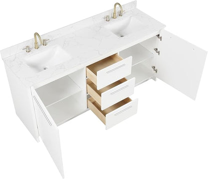 Nona 72" Solid Wood Double Sink Bathroom Vanity | Marble Countertop & Backsplash | Soft Closing Doors & Drawers | Nickel Brushed Handles | White Cabinet Undermount Ceramic Sink Top | Pre-Assembled