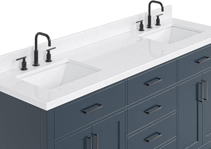 ARIEL Hepburn 72-inch Bathroom Vanity with Sink,Solid Wood, 1.5-inch Carrara White Quartz Countertop, Double Rectangular Porcelain Sink, 4 Soft Closing Doors, 6 Dovetail Drawers, Midnight Blue