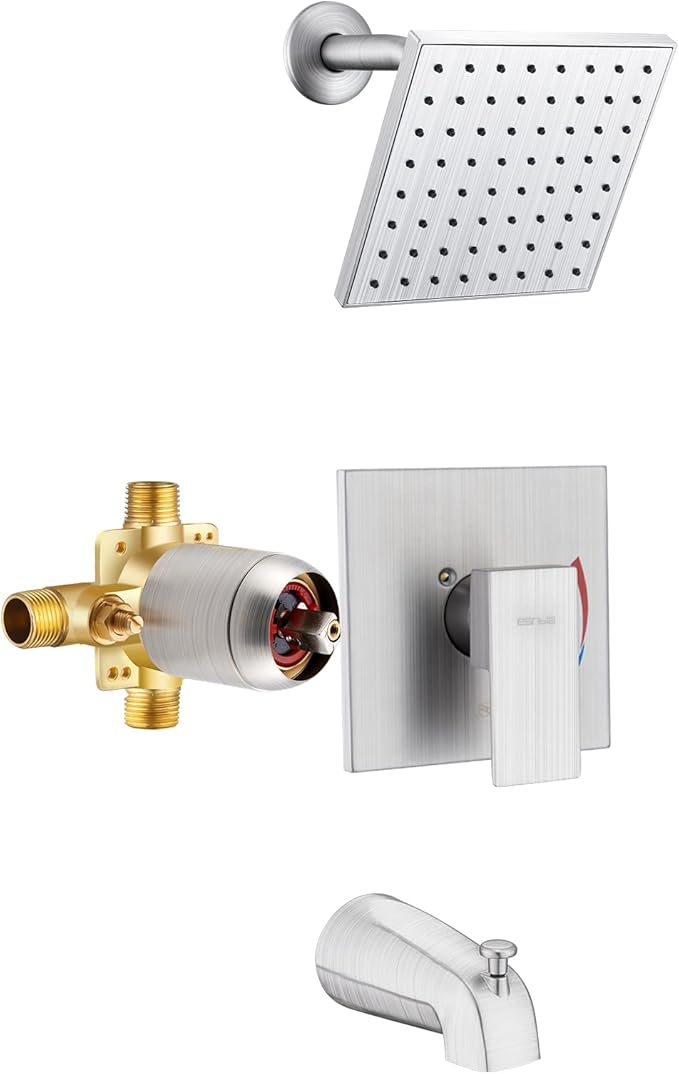 Esnbia Brushed Nickel Shower Faucet Set: 6" Rain Head, Valve & Trim Kit | Complete tub and shower trim kit with 6inch rainfall head, single-handle control, tub spout, and valve. Brushed Nickel finish