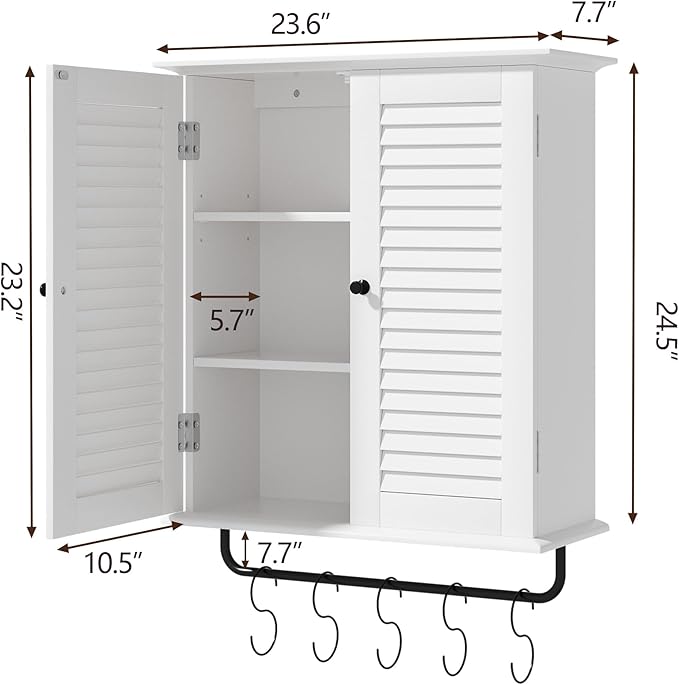 Bathroom Wall Cabinet, Over the Toilet Storage Cabinet, Wooden Wall Cabinet with 2 Doors & Hooks, White Wall Mounted Cabinet, Medicine Cabinet Organizer, Over Toilet Livingroom Kichen