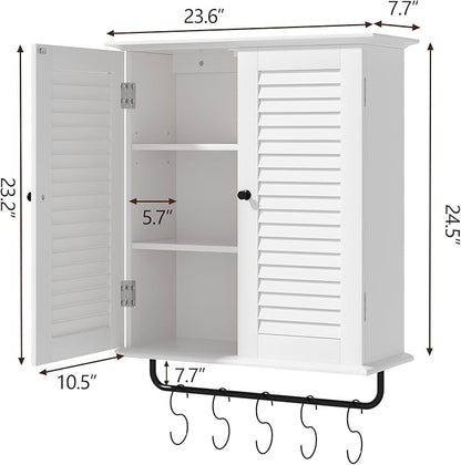 Bathroom Wall Cabinet, Over the Toilet Storage Cabinet, Wooden Wall Cabinet with 2 Doors & Hooks, White Wall Mounted Cabinet, Medicine Cabinet Organizer, Over Toilet Livingroom Kichen