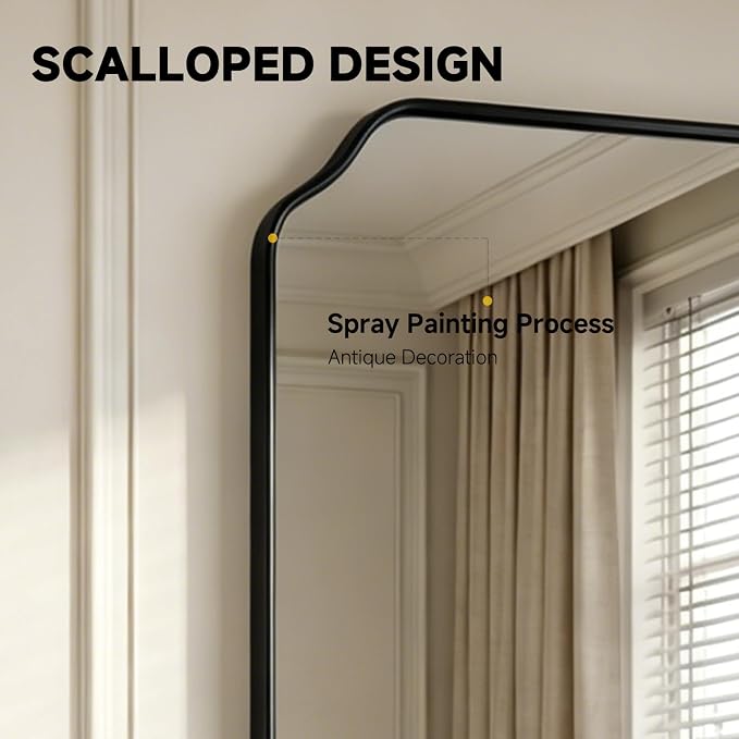 30"x22" Black Wall Bathroom Mirror, Scalloped Edge Vanity Mirror | Hangs Vertically/Horizontally, Wooden Frame Decorative Mirror, For Vanity, Bedroom & Entryway, Aesthetic Bathroom Decor