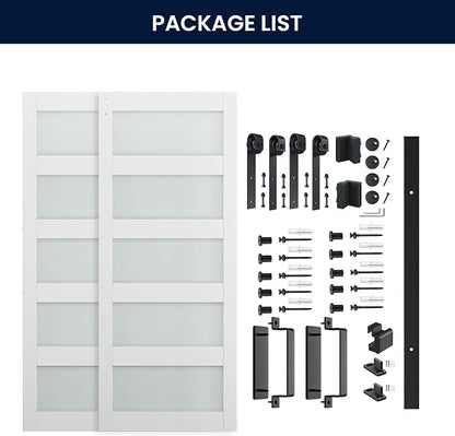 SMARTSTANDARD Double 38×84 Glass Barn Door with Sliding Hardware Kit | Pre-Drilled Ready to Assemble, Waterproof PVC Coating, 5-Panel Glass, White