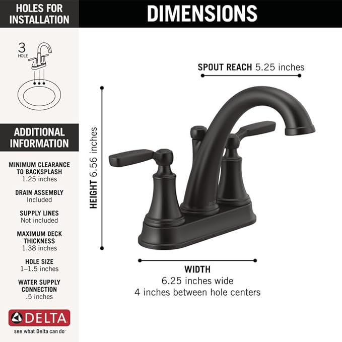 Delta Faucet Woodhurst Centerset Bathroom Faucet, Black 2-Handle Bathroom Faucet, Delta Bathroom Sink Faucet, Metal Push-Pop Drain Assembly, Matte Black 2532LF-BLMPU