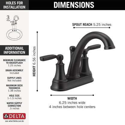 Delta Faucet Woodhurst Centerset Bathroom Faucet, Black 2-Handle Bathroom Faucet, Delta Bathroom Sink Faucet, Metal Push-Pop Drain Assembly, Matte Black 2532LF-BLMPU