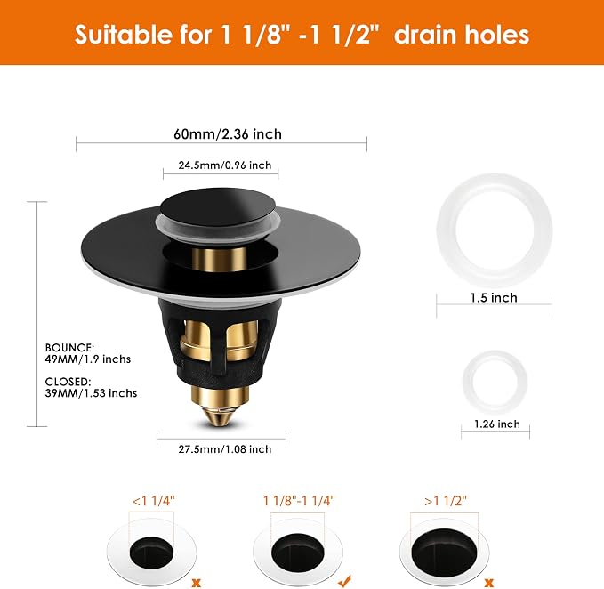 Universal Bathroom Sink Stopper, Basin Pop-up Bathroom Sink Drain Strainer, Bathroom Drain Stopper with Stainless Steel Hair Catcher for 1.1-1.5 Inch Drain(1 PCS, Black)