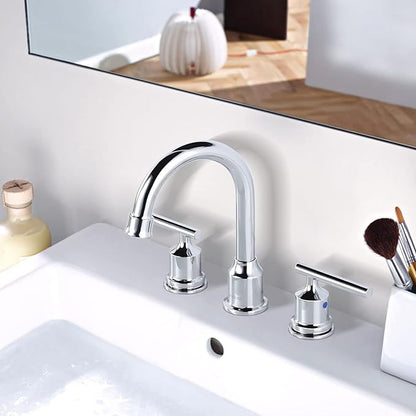WOWOW Chrome Bathroom Faucet Widespread Bathroom Sink Faucet 3 Hole Vanity Faucet 8 Inch Brass Basin Faucet 2 Handle Tall Bathroom Tap with Drain and Hoses
