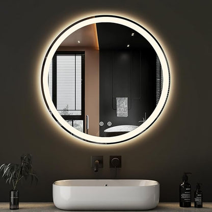 DUMOS 28 Inch Round LED Bathroom Mirror with Lights, Circle Vanity Mirror | Anti-Fog, Dimmable, 3-Color Light, Front Light and Backlit, Memory Function, Tempered Glass