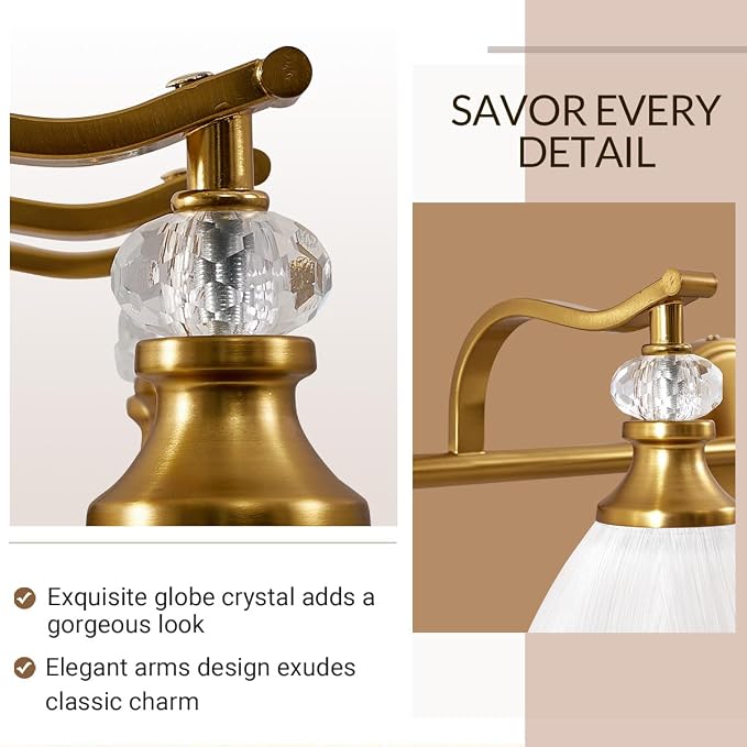 Brushed Gold Vanity Light, 4-Light Bathroom Light Fixtures, Vintage Wall Lamp with Bell Shaped Frosted Lampshade, 27.8 Inch Bathroom Lighting Fixtures Over Mirror, (Bulbs Not Included)