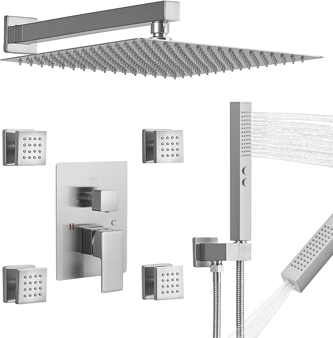 RUMOSE Rainfall Shower System with 4 Full Body Jet 4 Mode Shower Faucet Set | 12 Inch Rain Shower Head, 2 in 1 Handheld Spray, Brushed Nickel Brass Shower Jet Shower Fixtures, Wall Mounted