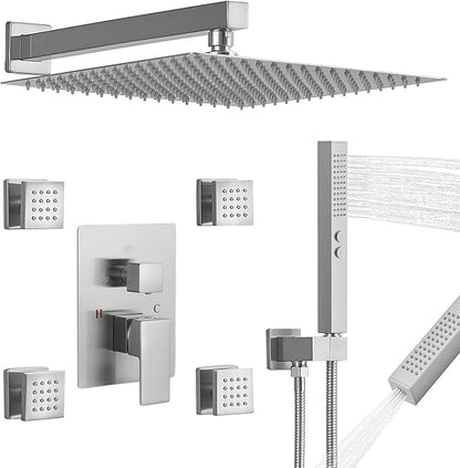 RUMOSE Rainfall Shower System with 4 Full Body Jet 4 Mode Shower Faucet Set | 12 Inch Rain Shower Head, 2 in 1 Handheld Spray, Brushed Nickel Brass Shower Jet Shower Fixtures, Wall Mounted