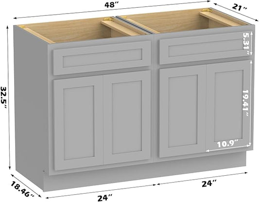 Vanity Art 48 Inch Bathroom Base Cabinet Only, Double Sink Top (Not Include Sink) with Door & Soft Close Hinge, Unassembled Floor Cabinet, Grey, 2ea 24 Inch Combo