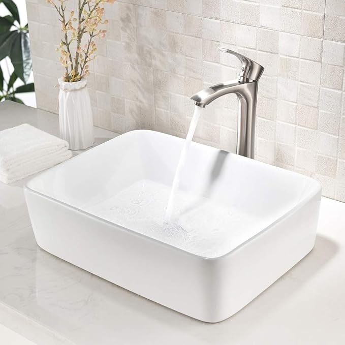 19 Inch White Vessel Sink with Faucet and Drain Combo,19x15 Bathroom Sink Rectangular Above Counter Porcelain Ceramic Bathroom White Toilet Sink Hand Wash Vessel Vanity Sink Art Basin