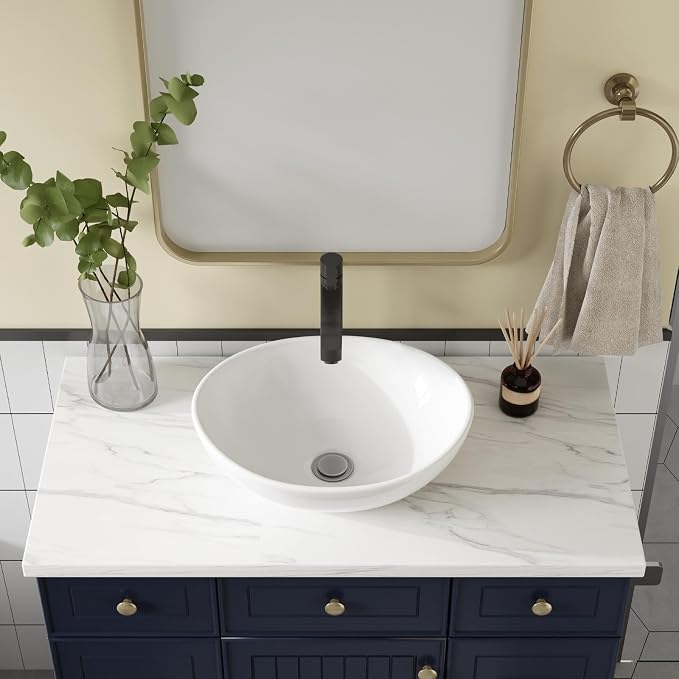 Vessel Sink 15.75x13 Inch, Oval Ceramic Bathroom Vessel Sink, Drop-In Above Counter Vanity Sink for Bathroom, White Wash Basin Bowl