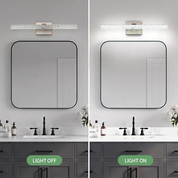 Brushed Nickel Vanity Lights for Bathroom, 24 Inch Modern LED Bathroom Light Fixtures Over Mirror with Iceberg Pattern Acrylic, 5500K Daylight Wall Sconce for Mirror Cabinet and Makeup Sink