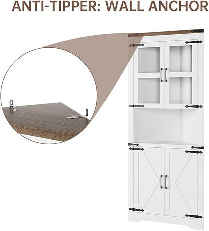 GarveeHome Tall Corner Cabinet, Farmhouse Corner Storage Cabinet with Glass Door & Adjustable Shelves, Space Saving Storage for Living Room, Kitchen, Bathroom, White
