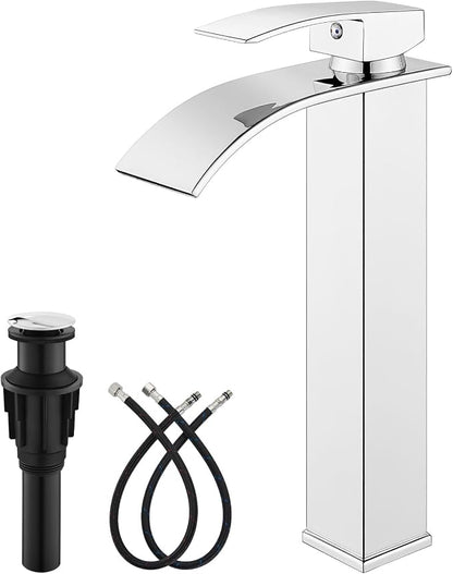gotonovo Modern Waterfall Tall Bathroom Faucet 1 Hole, Polish Chrome | Vessel Sink Faucet Single Handle 304 Stainless Steel,Pop Up Drain,24" cUPC Supply Line,for Lavatory Vanity Restroom Basin RV