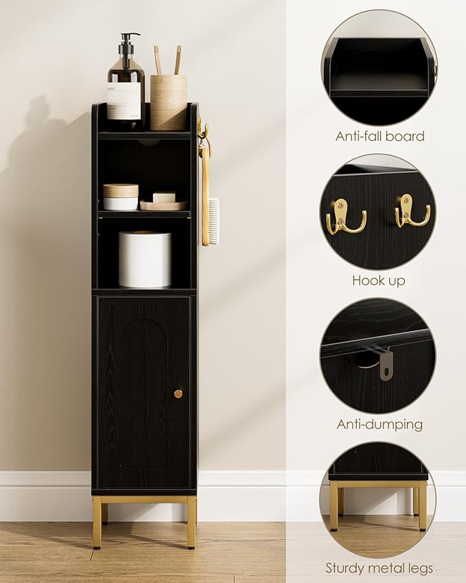 Bathroom Storage Cabinet, Small Corner Floor Hutch with 2Hooks,Narrow Toilet Paper Cabinet with Adjustable Shelf,Morden Bathroom Organizer for Small Spaces,Black