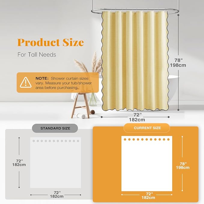 BTTN 72x78 Boho Scalloped Linen Textured Cloth Shower Curtain Set, Yellow | Long Size, 230GSM Waterproof Polyester, Heavy Duty Fabric, 12 Plastic Hooks, Elegant Modern Farmhouse Style, Machine Washable