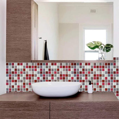 3D Mosaic Tile Sticker Removable Wallpaper Tile Red, 3D Self Adhesive Wall Tiles Bathroom Wall Tiles for Kitchen Backsplash Red, PVC Square Decorative Vinyl Decals, 4 Sheets