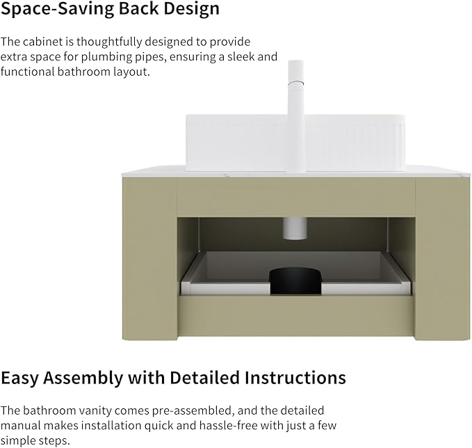 Yayzy 30" Floating Bathroom Vanity with Sink, Solid Wood Fluted Cabinet, White Fluted Square Ceramic Basin & Faux Marble Top, Soft-Close Drawer, Pre-Assembled, Light Green