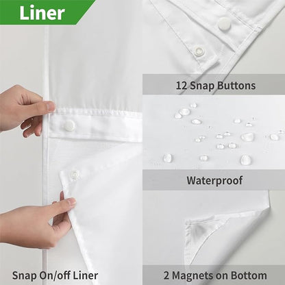 eachope No Hook Linen Texture Shower Curtain with Snap-in Liner,71x86 White | Extra Long,230GSM Thick Fabric,Hotel Luxury Decor,Mesh Top Window,Bottom Magnetic,Waterproof & Machine Washable,for Bathroom