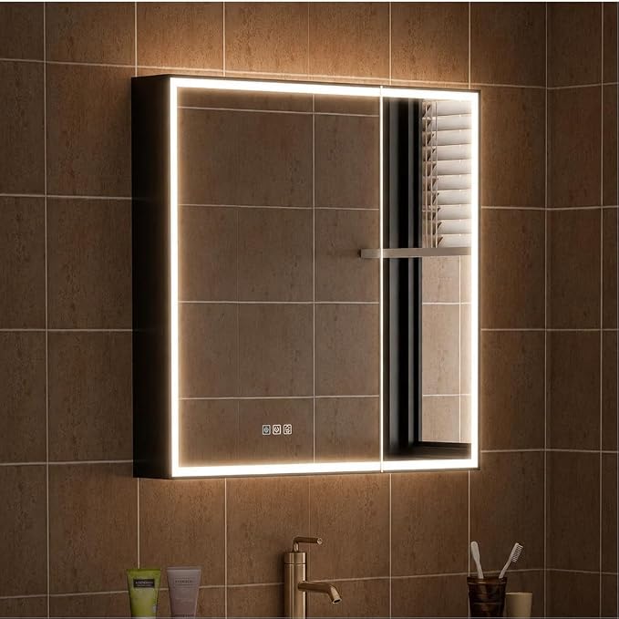 30" X 30" LED Mirrored Medicine Cabinet, Bathroom Medicine Cabinets with Lights for Bathroom, Defogging Function Mirror Cabinet, Medicine Cabinet with USB Port & Outlet, Double Doors