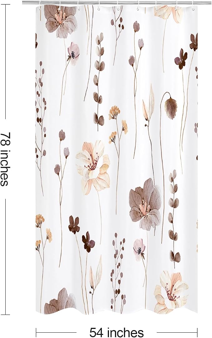 Brown Beige Watercolor Floral Fabric Shower Curtain, 54x78 | Waterproof Fabric, Modern Minimalist Floral Print, Machine Washable, Rustproof Grommets, for Bathroom Home, Stall