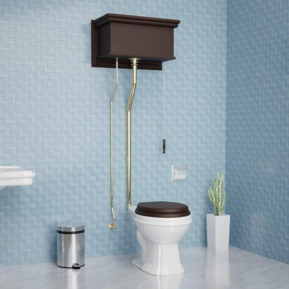 Renovators Supply Manufacturing High Tank Pull Chain Toilet With Dark Oak Wooden Flat High Tank 70 In. To 74 In. Adjustable Height Brass L Pipe And Elongated Toilet Bowl