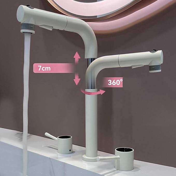 BiaoTeng Bathroom Faucets for Sink 3 Hole Pull Out 3 Functions with 360° Swivel Hot and Cold Double Handle Faucets for Bathroom Sinks Brass Milky White