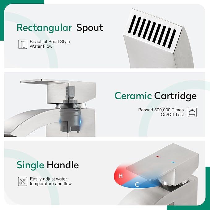 CREA Waterfall Bathroom Faucet 1 Hole Single Handle Brushed Nickel Stainless Steel Modern Basin Mixer Tap 3 Hole Deck Plate RV Vanity(Pop Up Drain/cUPC Supply Line)