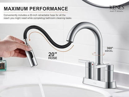 KENES Chrome Centerset Bathroom Faucet with Pull Down Sprayer, 4 Inch 2 Handle Pull Out Bathroom Faucet 3 Hole, Bathroom Sink Faucet with Pop Up Drain & Supply Lines LJ-9069-5