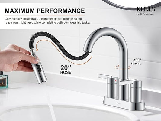 KENES Chrome Centerset Bathroom Faucet with Pull Down Sprayer, 4 Inch 2 Handle Pull Out Bathroom Faucet 3 Hole, Bathroom Sink Faucet with Pop Up Drain & Supply Lines LJ-9069-5
