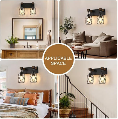 Bathroom Light Fixtures,Farmhouse Black Metal with Glass Shade | 2 Light Rustic Vanity Lights, Wood Accent Wire Cage Design, Mounts Over Mirror, Ideal for Bedroom & Hallway,Easy to Install