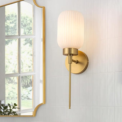 Gold Bathroom Wall Sconce, 1-Light Single Bathroom Vanity Light, Modern Brass Wall Sconce with Frosted Milk White Striped Glass Shade for Bedroom Hallway Entrance | Frosted Milk White Striped Glass Shade, Milk Glass Vanity Light for Bedroom Hallway Ent...