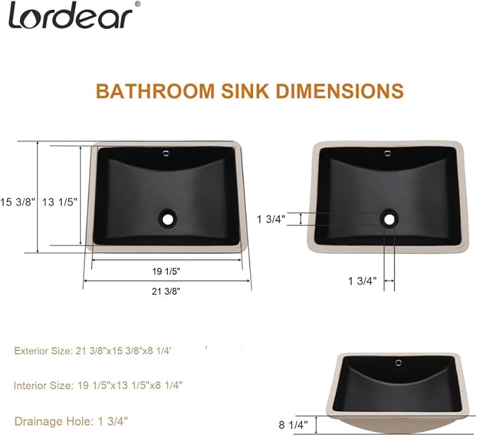 Lordear Undermount Black Bathroom Sink 21x15 Inch Bathroom Vanity Sinks Undermount Rectangle Black Porcelain Ceramic Bathroom Under Counter Lavatory Vanity Sink Basin with Overflow