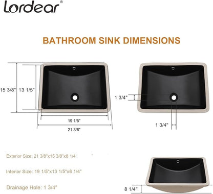 Lordear Undermount Black Bathroom Sink 21x15 Inch Bathroom Vanity Sinks Undermount Rectangle Black Porcelain Ceramic Bathroom Under Counter Lavatory Vanity Sink Basin with Overflow