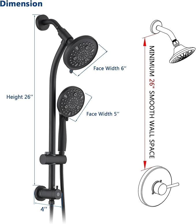 Modern Rainfall Shower Head with Handheld Shower Spray, 26-Inch Adjustable Height Slide Bar, High Pressure Dual Shower Head Combo, 3-Way Diverter for Easy Reach, 5-Foot Hose - Matte Black