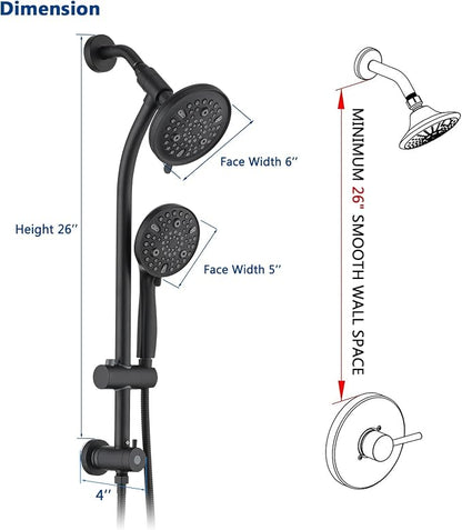 Modern Rainfall Shower Head with Handheld Shower Spray, 26-Inch Adjustable Height Slide Bar, High Pressure Dual Shower Head Combo, 3-Way Diverter for Easy Reach, 5-Foot Hose - Matte Black