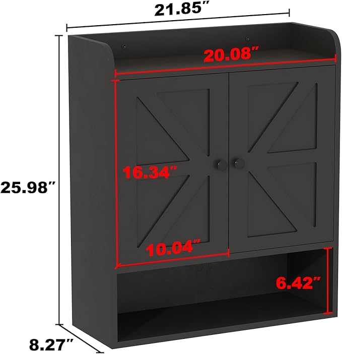 EasyCom 22" W x 26" H Bathroom Wall Cabinet, Farmhouse Medicine Cabinet with Adjustable Shelves and Double Barn Doors, Over The Toilet Storage Cabinet for Bathroom, Kitchen, Living Room, Black