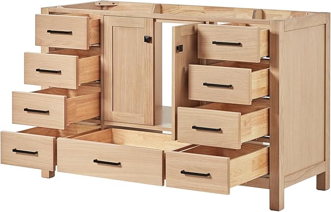 ARIEL Cambridge 54-inch Bathroom Vanity Base Cabinet,Solid Wood, 2 Soft Closing Doors, 9 Dovetail Drawers, White Oak